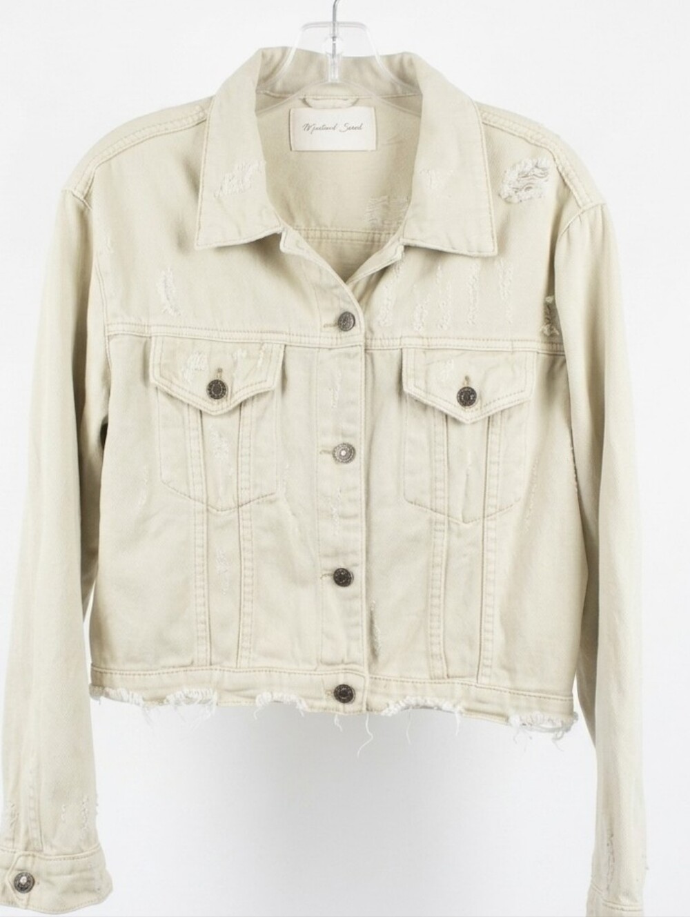 Mustard Seed Cropped Light Tan Distressed Denim Jacket Womwn's Size Small